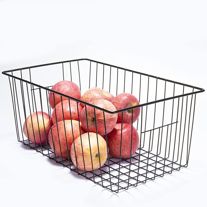 Freezer Organizer Bins - 3 Pack Stand Up Freezer Baskets for 16，17，21 cu.ft Upright Freezer, Wire Storage Baskets with Built-in Handles, Easy to Access Frozen Food Allow Air Circulation, Black