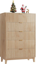 WLIVE Fluted Dresser for Bedroom with 5 Drawers, 46.26" Tall Wooden Dresser with Golden Metal Handles, Mid Century Modern Chest of Drawers for Living Room, Hallway, Closet, Natural Oak