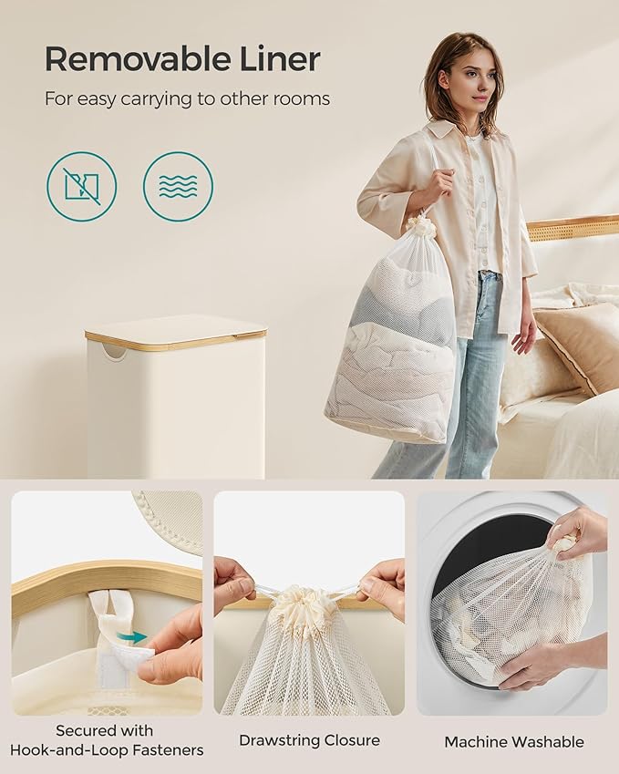 SONGMICS Laundry Hamper with Lid, Large Laundry Basket, 23.8 Gallons (90L), Removable Mesh Liner, Bamboo Handles, Collapsible, 16.5 x 12.6 x 27.8 Inches, Cream White ULCB509W01