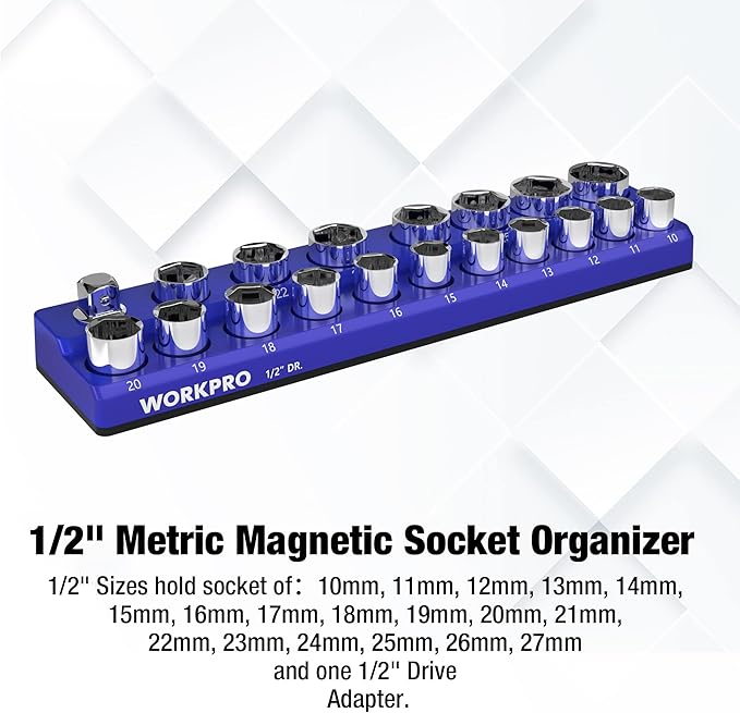 WORKPRO Magnetic Socket Organizer, 1/2-Inch Metric Socket Holder, Socket Trays Holds 19 Pieces Standard Size and Deep Size Sockets(Sockets not Included)