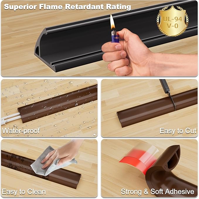 6FT Side-Open Extension Cord Covers for Wires on Floor,Silicone Power Cable Protector Cord Hider Management Strip,Hide Electric Wire on Carpet,Chord Runner Protective Safety Wiremold,Brown