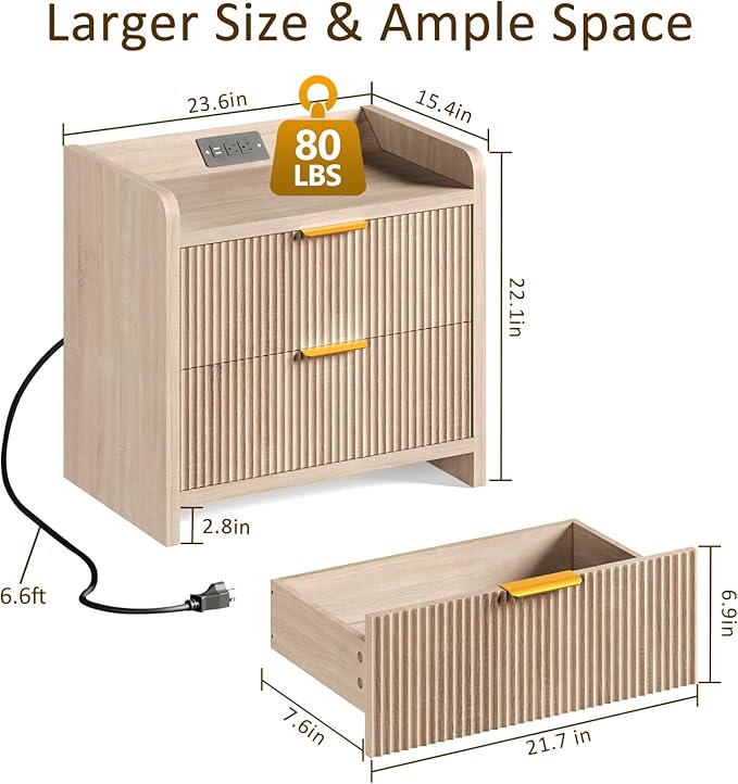 Fluted Nightstand Set of 2, 23.6" Night Stand with Charging Station,Modern Side Table with 2 Drawers,Bedside Table for Bedroom,Living Room,Natural Oak