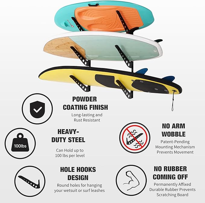 3 Board Surf Rack Wall Mount for Surfboard, Wakeboard, Snowboard Storage Adjustable Wall Hangers Boards Display
