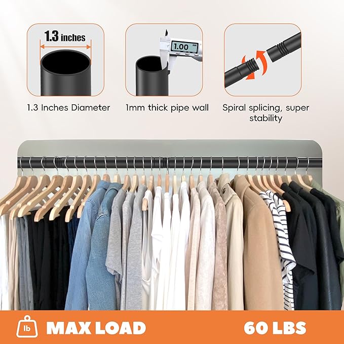 Closet Rod 17-39 Inches, Adjustable Heavy Duty Metal Black Closet Rods for Hanging Clothes 1.3 Inches Diameter for Wardrobes Laundry