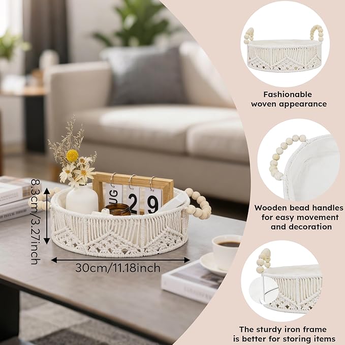 Handwoven Storage Basket Organizer with Wooden Beads Handles, Boho Decor Round Macrame Shelf Basket for Bedroom Living Room Entryway Decorative Counter Home Decor, White