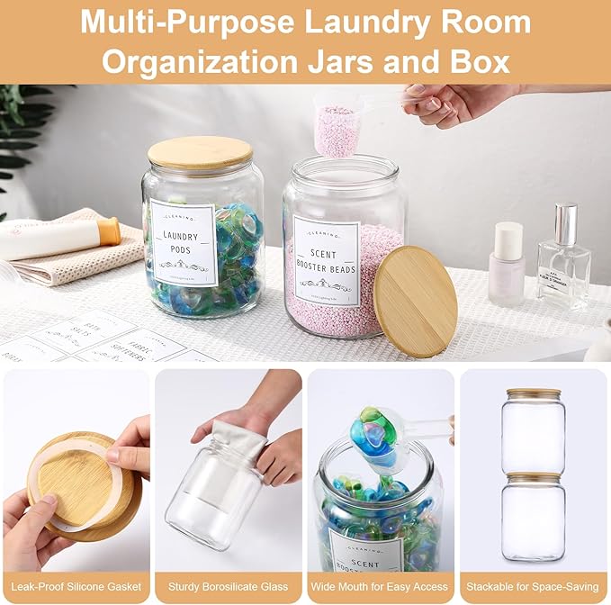 Laundry Pods Container With Airtight Bamboo Lid,Glass Jars for Laundry Room Organization Jar. Dishwasher pods container.1/2 Gallon Laundry Jars for Detergent Powder,Scent Boosters,Laundry Room Storage