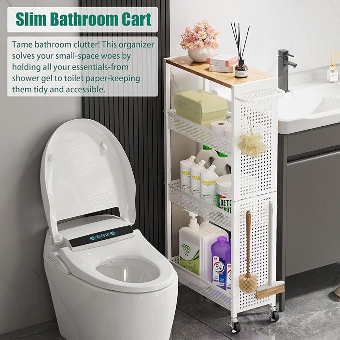 Slim Rolling Storage Cart with Wheels, 4-Tier Metal Utility Cart with Handle & Wood Top, Small Mobile Organizer Shelf Unit for Laundry Room, Kitchen, Bathroom, Office, Narrow Space