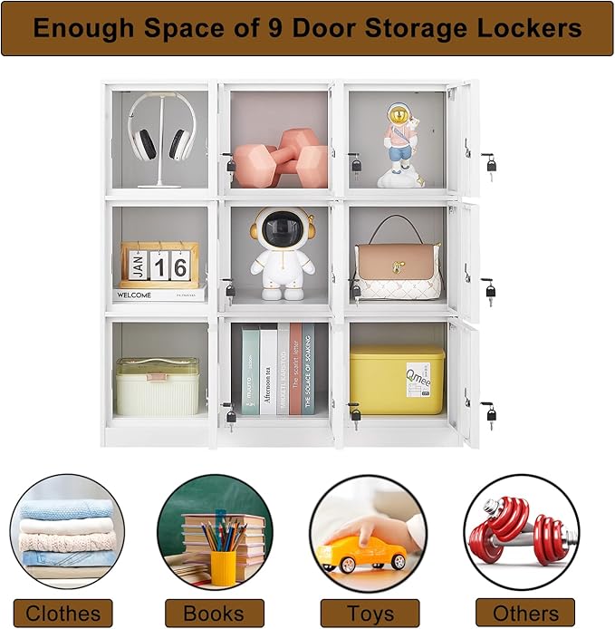 Metal Locker 9 Door Storage Cabinet, Steel Office Storage Lockers for Employees, Lockable Metal Cabinet with Lock and Ventilation, Office School Gym Garage Storage Organizer