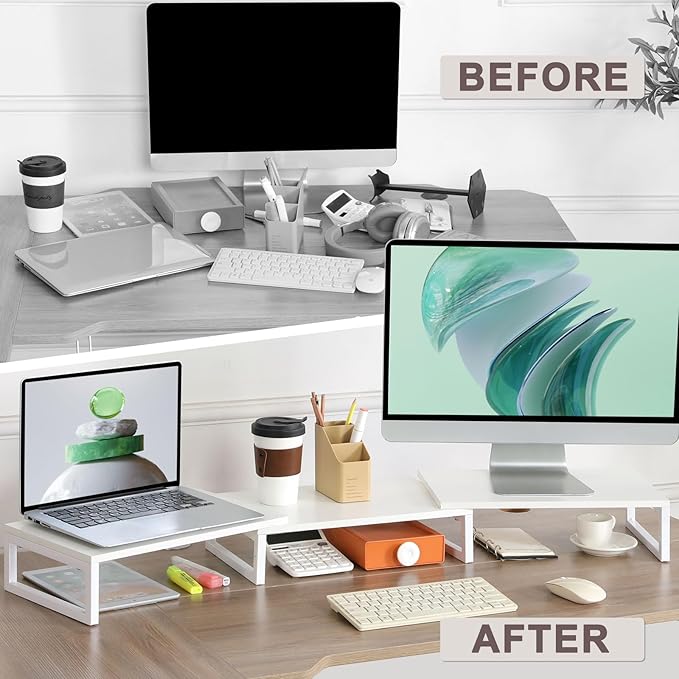 TEAMIX Desk Organizer Dual Monitor Stand Riser, Adjustable Computer Stand 45.5'' Long Desktop Shelf Office Organizer for Laptop,Printer,File,Keyboard Storage Ergonomic Design (White)