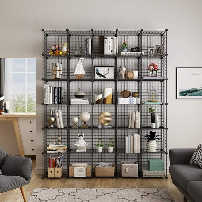Metal Grid 14"x14" Wire Cube Storage - 30 - Cube Modular Shelving Unit, Stackable Bookcase for Office, Bedroom & Living Room