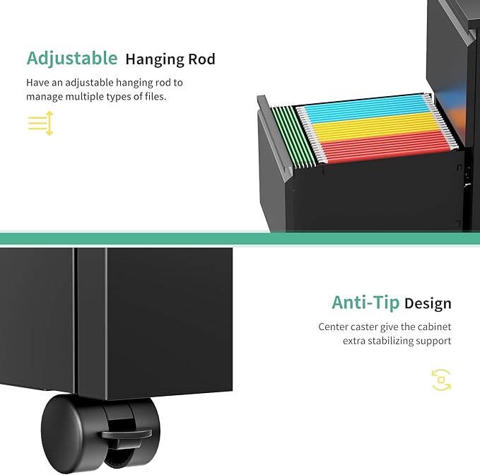Bonusall 2 Drawer File Cabinet, Metal Rolling File Cabinets with Lock, Filing Cabinets for Home Office Fit A4/Letter/Legal, Easy Assembled, Black