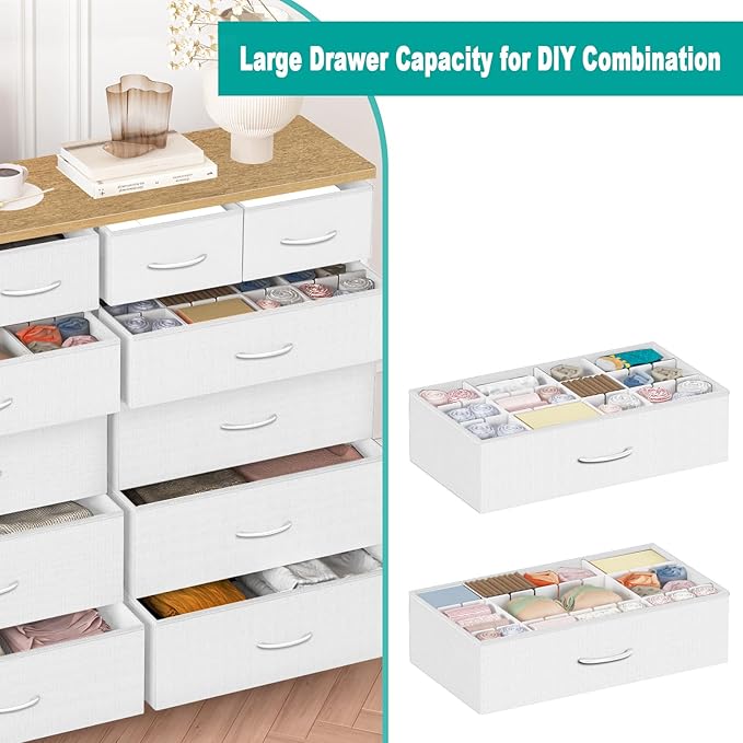 Compact 12 Drawers Dresser for Bedroom, Fabric Storage Tower, Chest of Drawers with Retro Wood Top for Closet, Nursery, Living Room