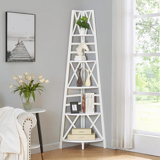HOMBAZAAR 5 Tier Corner Shelf, 72 Inch Industrial Corner Bookshelf, Tall Ladder Bookcase with Metal Frame, Rustic Shelf Stand for Living Room, Bedroom, Office, White