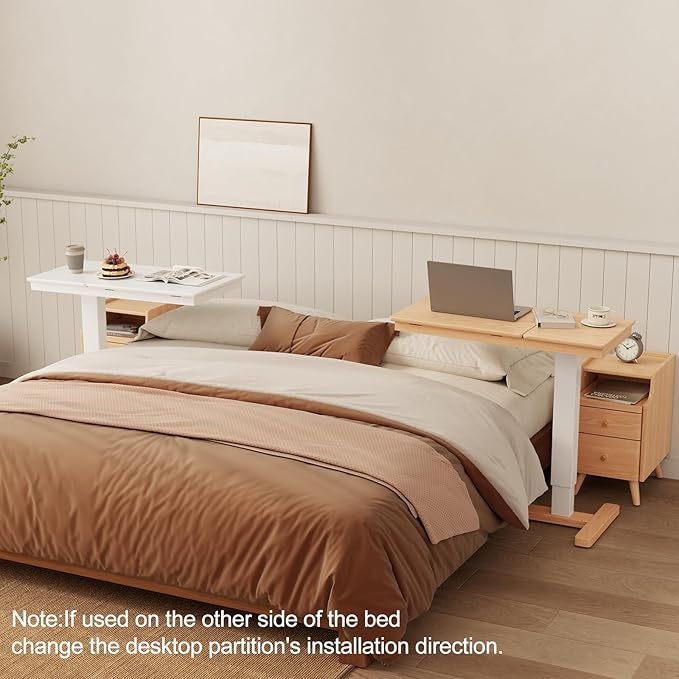 Solid Wood Overbed Bedside Table with Wheels, Adjustable Medical Tilt Top Hospital Bed Table Over The Bed, Rolling Laptop Desk, Mobile Standing Desk for Hospital and Home Use (Natural)