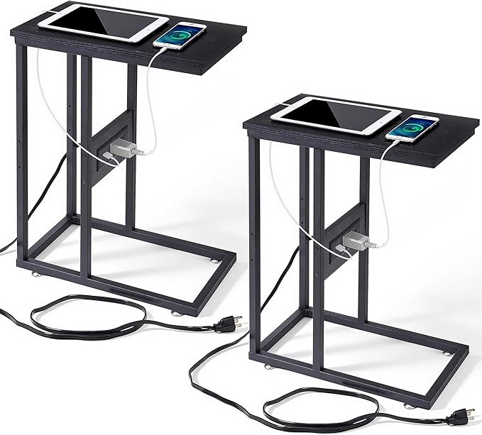 VECELO C Shaped End Side Table with Charging Station & Power Outlets for Couch Sofa/Bed, Snack TV Tray with Metal Frame for Living Room Bedroom 2 PCS, Black