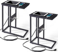 VECELO C Shaped End Side Table with Charging Station & Power Outlets for Couch Sofa/Bed, Snack TV Tray with Metal Frame for Living Room Bedroom 2 PCS, Black