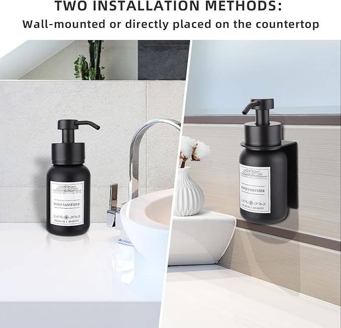 Black Glass Soap Dispenser Wall Mount for Bathroom with Pump and Drill-Free Holders - 8.5 Oz Hand Soap Dispenser, Shower Dispenser with Waterproof Labels