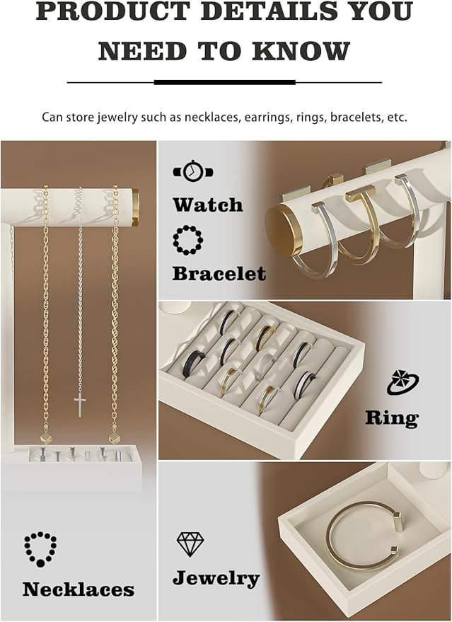 Bracelet and Necklace Holder,Velvet Jewelry Necklace Display Organizer Stand,bracelet Holder for Selling,Bracelet and Necklace Storage Tree (Style 1（Beige+ Metal lid）)