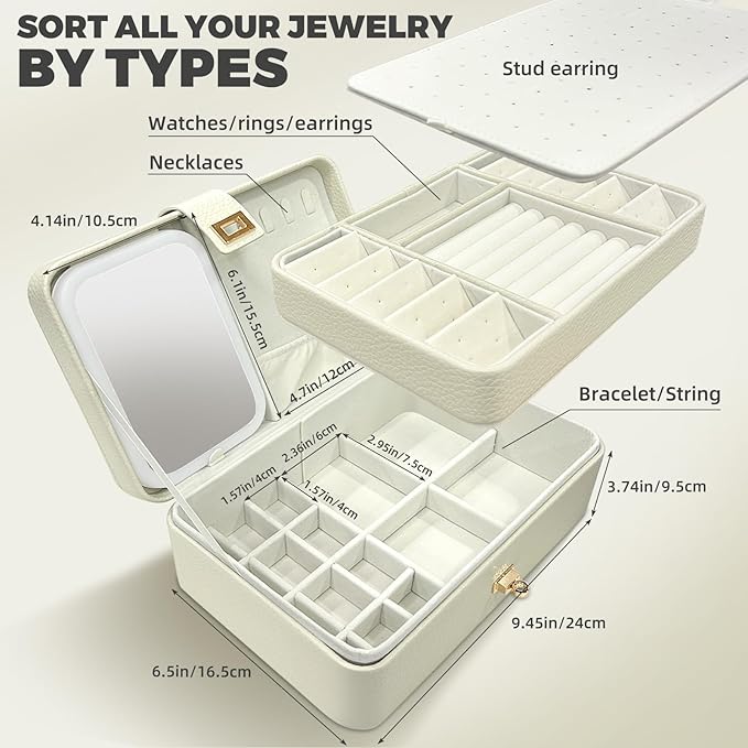 LED Jewelry Box with Mirror- Jewelry Organizer with Movable Compartment Pieces, 6.69 x 9.45 x 3.74 Inches, PU Surface Womens Jewelry Case for Necklaces, Rings, Bracelets, Gift for Women,Cloud White