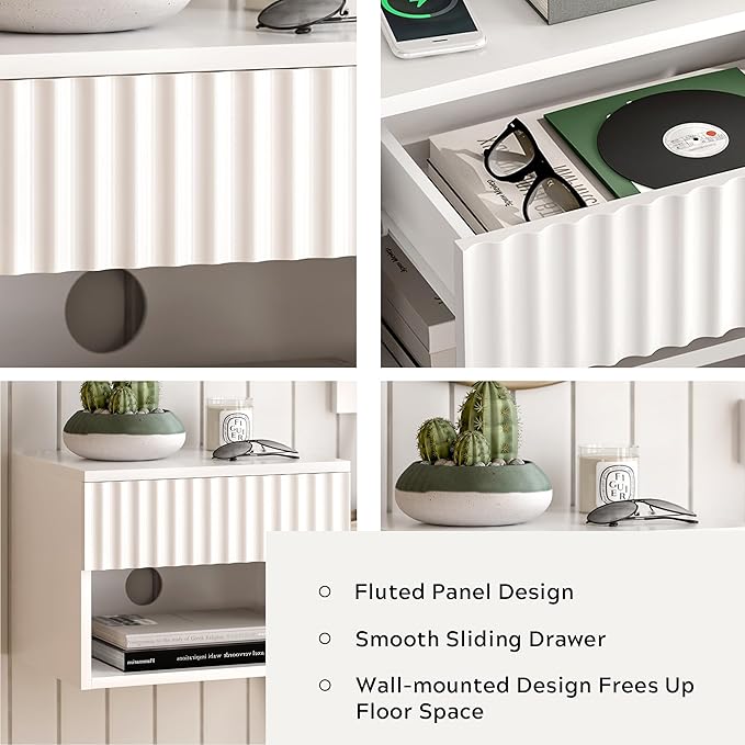 Floating Nightstand with Drawer and Open Shelf, Small Wall Mounted Bedside End Table, Modern Fluted Night Stand for Bedroom, Living Room, White