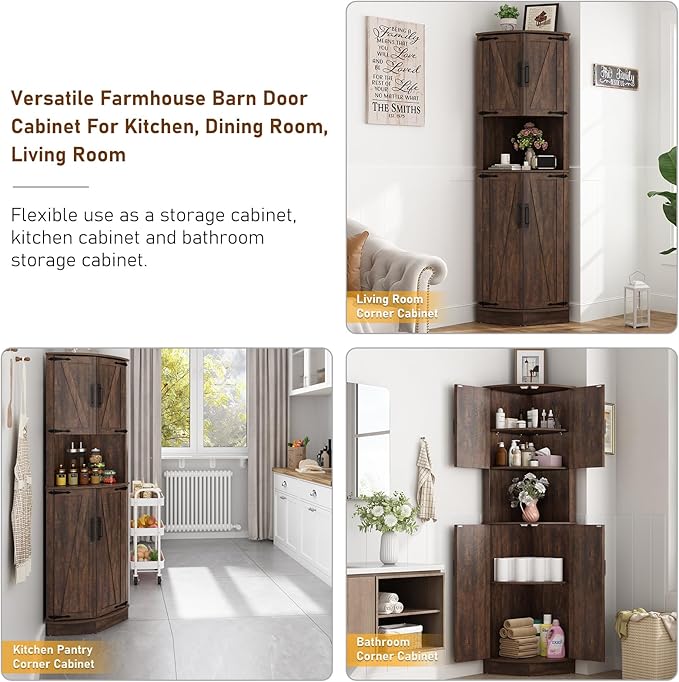 68" Tall Farmhouse Corner Cabinet, Dining Room Storage Cabinet with 4 Barn Doors and 5 Adjustable Shelves, Brown