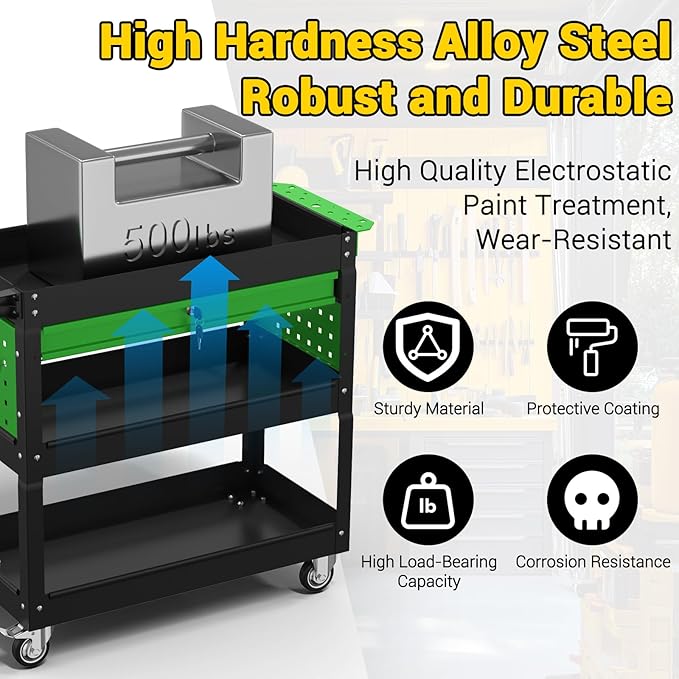3 Tier Rolling Tool Cart on Wheels, 550 LBS Tool Cart with Drawers，Heavy Duty Utility Cart with Pegboard and Hooks，Mechanic Tool Storage Cart for Garage, Warehouse (Black-Green)