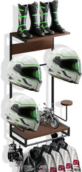 EleganceX Motorcycle Helmet Storage - Helmet Rack Wall Mount with 2 Tiers Storage Boards, 4 Hat Stands, 4 Glove Clips,5 Key Hooks Motorcycle Helmet Holder for Gear Accessories, Clothes, Gloves