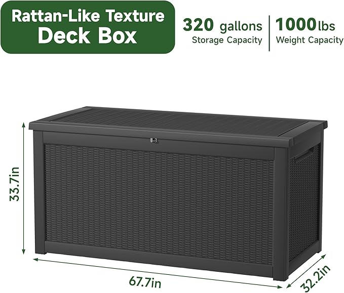 320 Gallon Resin Deck Box, Lockable Patio Outdoor Storage Box for Furniture, Garden Tools and Tools Storage, Waterproof Outside Storage Boxes - Black