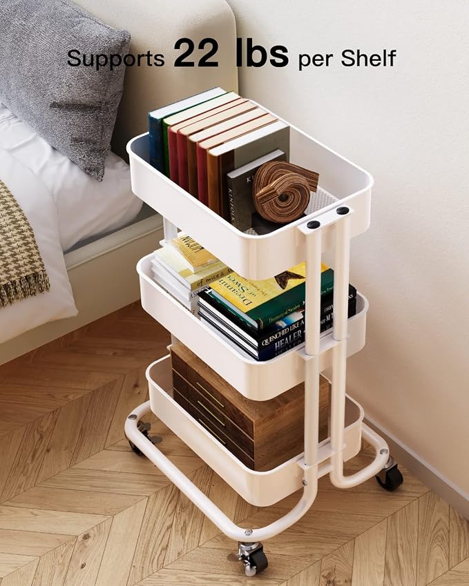 Pipishell 3 Tier Metal Rolling Utility Cart, Heavy-Duty Storage Rolling Cart with 2 Lockable Wheels, Multifunctional Mesh Organization Utility Cart for Kitchen Dining Room Living Room (White)
