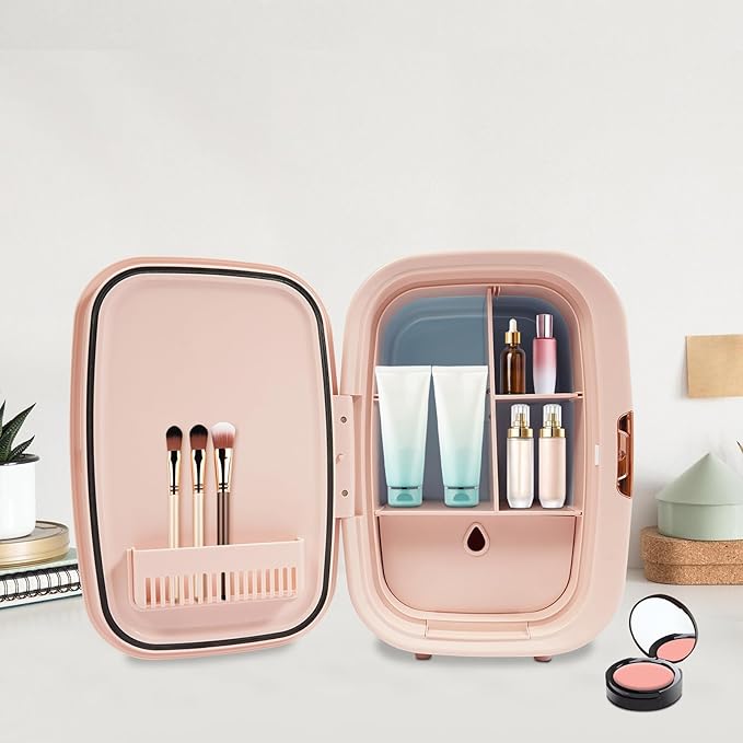 Mini Skincare Fridge,12L Makeup Cosmetics Refrigerator Beauty Fridge for Cosmetic Storage Skincare Fridge Portable Small Refrigerator for Cosmetics, Skin Care (Pink, Without ED Light Mirror)