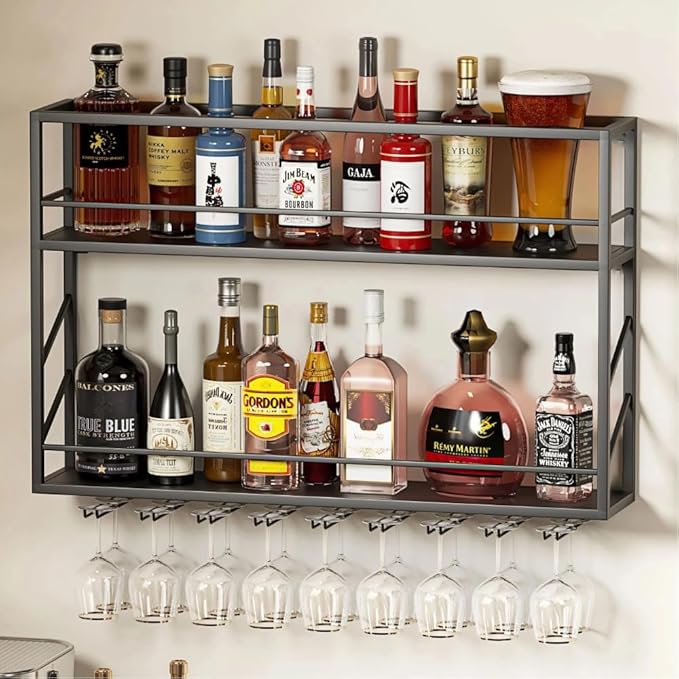 Wall Mounted Wine Rack with Glass Holder，Stylish Mini Floating Bar Shelves for Liquor Bottle Display in Dining Room, Kitchen, Living Room (47.2”W x 26”H x 7.8”D)