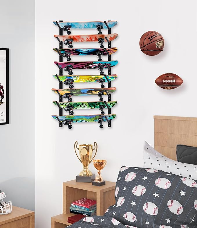 BiJun Skateboard Wall Mount, Snowboard Wall Mount Display, Horizontal Ski Wall Rack, Skateboard Rack Storage Holder Longboard Hanger