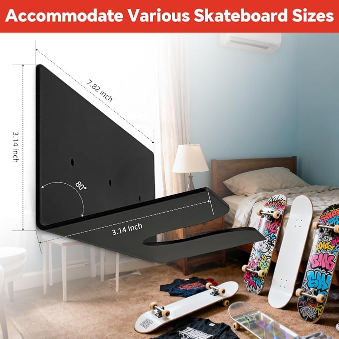Skateboard Wall Mount Rack, Wall Hanger Holder for Longboard, Cruiser Boards, Vintage, Old School Skateboard and Penny Board Display (2 Pack)