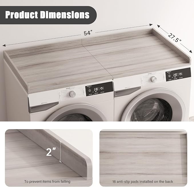 Washer Dryer Countertop, Foldable Laundry Countertop with Edge Rails - 27.5" x 54" Melamine Finish for Laundry Room Organization (Oak)