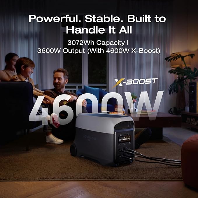 EF ECOFLOW DELTA 3 Ultra Portable Power Station with AC Cable, 3600W (Surge 7200W) Output Home Power, 3072Wh LiFePO4 Battery, Solar Generator for Home Use, Camping Accessories & RV Backup