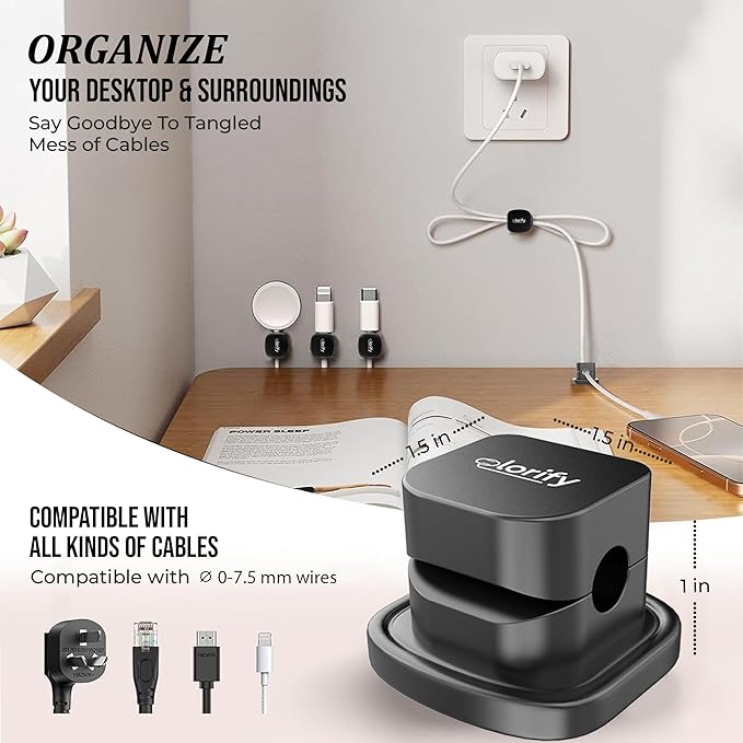 8 Pack Rotatable Cord Organizer Clips with Spring, Adhesive Charging Cords Holder for Desk, Nightstand, Laptop, Phone Charging Clips & Car Cable Management for Home & Office Use - Black