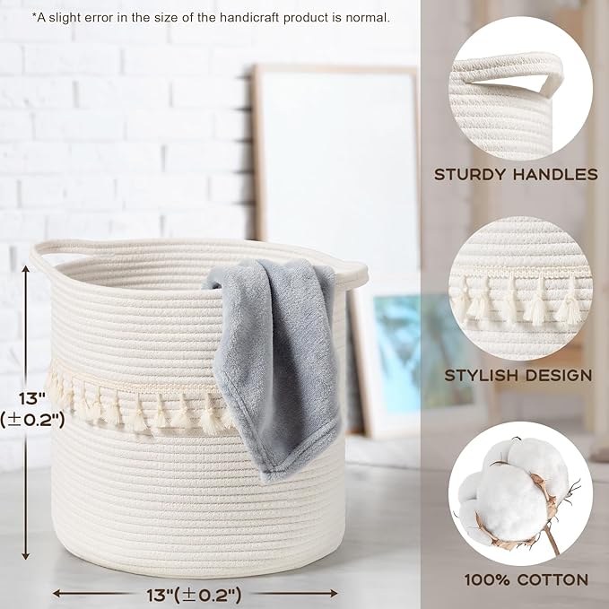 danpinera Baskets for Organizing, 3 Pack White Storage Baskets for Shelves with Tassel, 13 Inch Round Woven Baskets for Storage in any Room