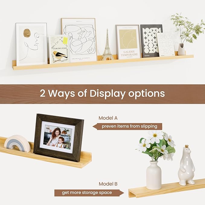 Picture Ledge Shelf, Floating Shelves Set of 2, 48 Inches Solid Wood Nursery Book Shelves for Toys Storage, Kids Bookshelf Wall Mounted for Living Room Bedroom Decor Books Photo Frames, Natural