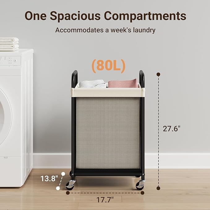ELYKEN Laundry Basket with Wheels, 80L Rolling Laundry Hamper with Removable Liner Bag, Laundry Sorter with Metal Handle, Clothes Hamper Cart for Laundry Room, Bedroom, Bathroom and Dorm