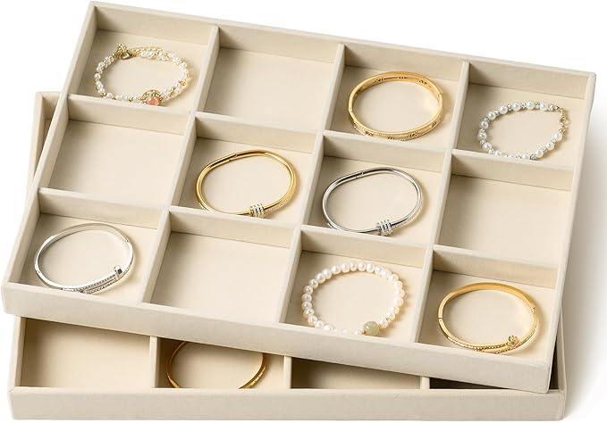 pickpiff Drawer Jewelry Organizer & Display Trays: 2pcs 12grid Velvet Stackable Jewelry Case (13.8x9.4x1.2inch) - Soft Beige Necklace Holder Bracelet Display Watch Box