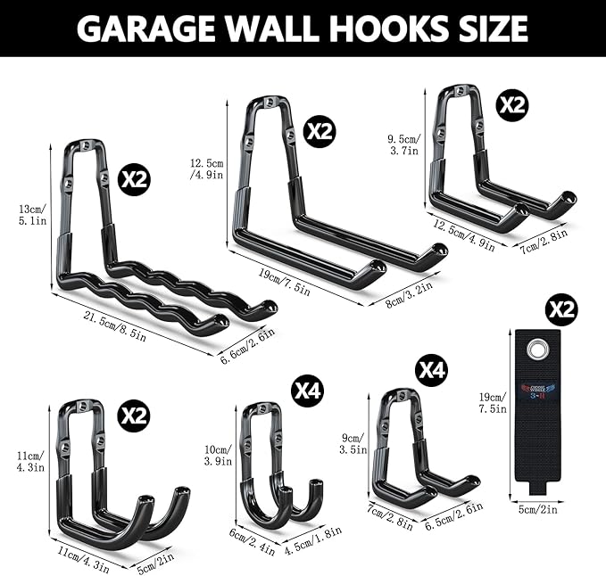 3-H Garage Wall Hooks 18 Pack, One-Piece Construction Garage Hooks Heavy Duty, Garage Accessories & Organizer Wall Mount for Ladders, Weedeaters, Garden Tools (Black)