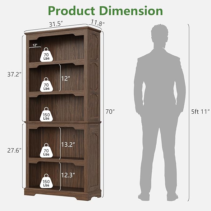 70 Inch Farmhouse Bookcase, Walnut Two-Tone Shelves, 5 Tier Bookshelf with Arched Trim, Living Room Storage Cabinet Unit, 31.5x11.8 Inches (Walnut, Open Shelf)