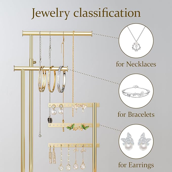 Jewelry Holder Organizer Stand - Adjustable Tall 17.5" (Max), Gift for Women, Mirrored Gold Jewelry Hanger for Necklaces, Earrings, Bracelets, Rings