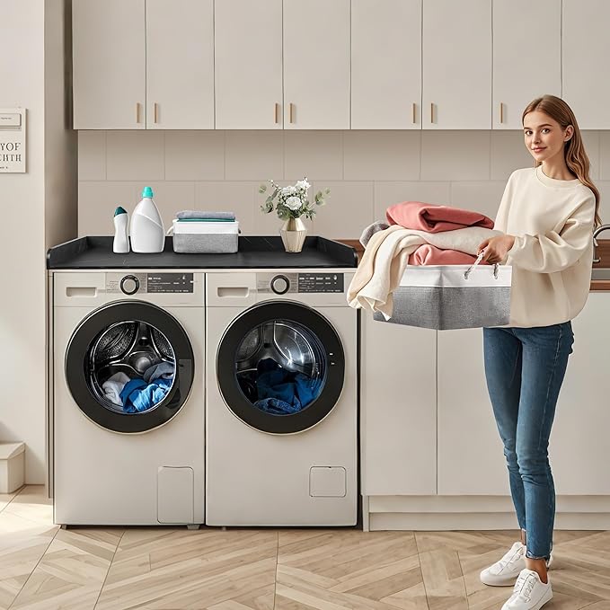 Washer Dryer Countertop with 2 Pack Storage Baskets, Wood Washer and Dryer Countertop with Non-Slip Pads/Edge Rails for Laundry Room Storage and Organization, 27.5" W x 54" L(Black Marble)