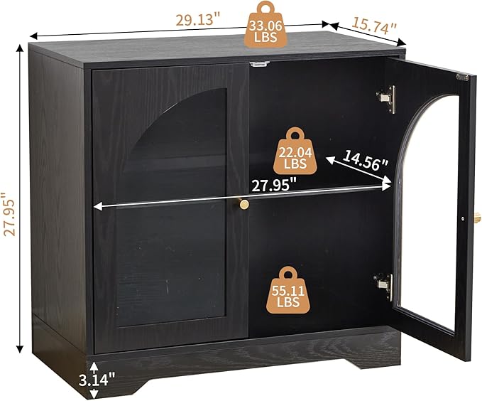 Mid-Century Modern Storage Cabinet with Door, 27" Short Floor Wood Sideboard Buffet Cabinet with Display Arched Acrylic Door & Adjustable Shelve for Bathroom, Living Room, Coofee Bar (Black)