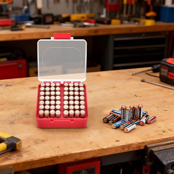 FULLCASE Battery Storage Organizer Box, Holder Container for 56 AA Batteries, Plastic Home Batteries Variety Pack Protective Organization(Case Only) Red