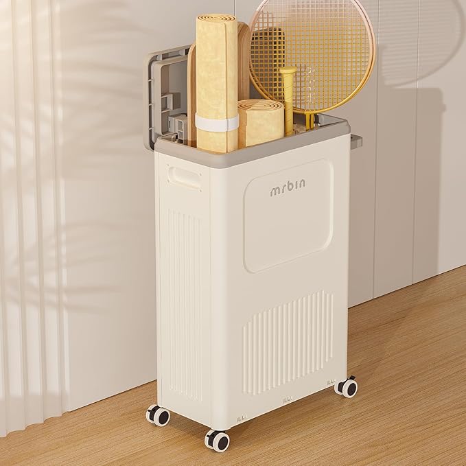 Mrbin Slim Plastic Storage Bins with Lid, 40L / 11gal Closet Rectangle Basket Containers with Wheels, Narrow Rolling Utility Organizer Boxes Cart for Kitchen, Classroom, Clothing, Pantry, White