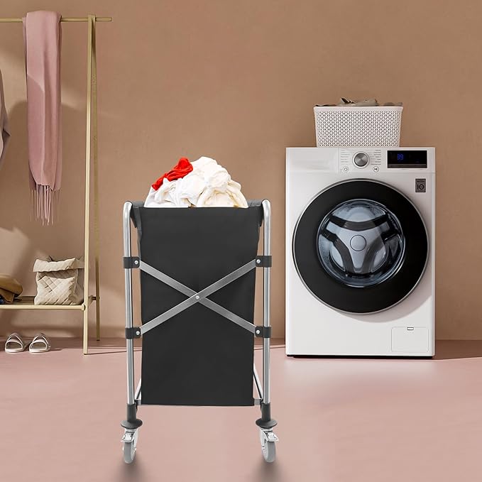 Commercial Laundry Cart with Wheels,Folding Laundry Hamper Cart,Heavy Duty Rolling Laundry Basket with Large Capacity,Laundry Sorter Trolley for Home Hotel Apartment (Black, 34.25 * 19.7 * 36.22in)
