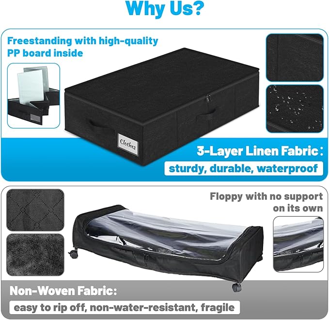 Under Bed Storage Container Bins 2 Pack, 4.5 Inch Slim Low Profile Underbed Clothes Storage Organizer for Dorm & Home, Use for Blanket and Toy Storage Box W/ Sturdy Bottom/Sides, Foldable Thick Fabric