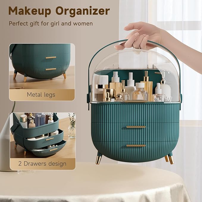 Makeup Organizers, Make Up Organizer for Vanity, Countertop Cosmetic Storage with Drawers and Transparent Cover for Bedroom Bathroom, Green